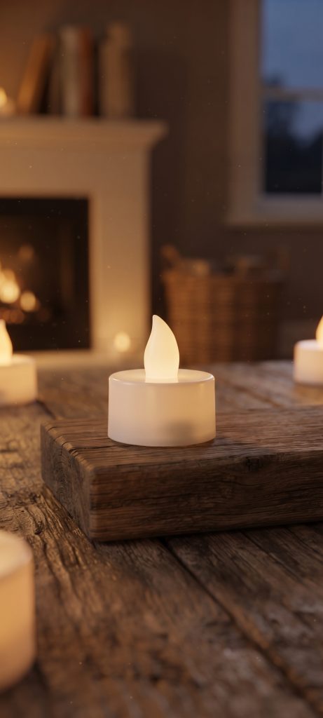 Ahşap yüzey üzerinde yanan pilli LED tealight mum